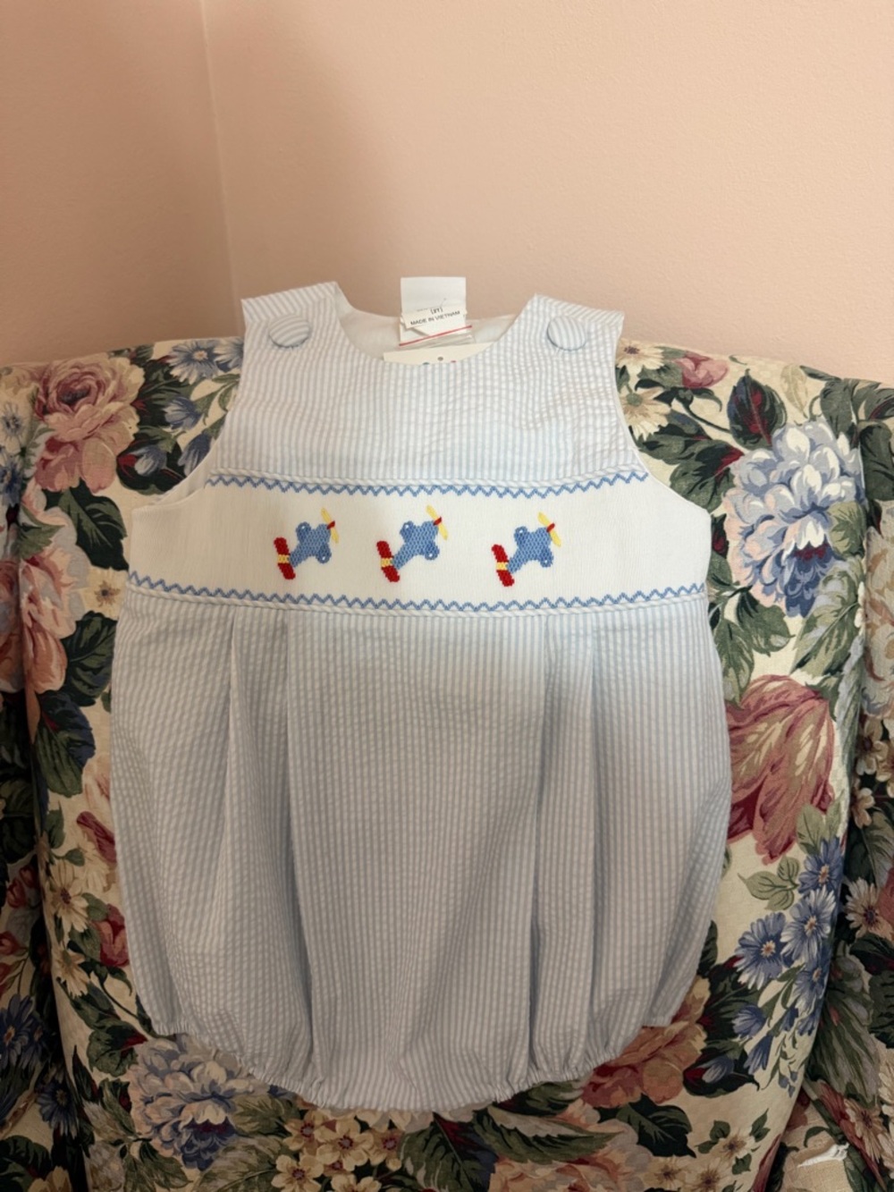 Classic Light Blue Smocked Baby Bubble Romper - Brand Unknown